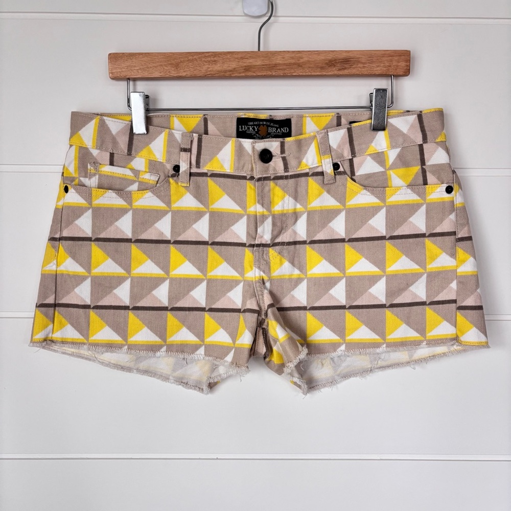 Lucky Brand Yellow and Tan Geo Cube "Riley" Jean Shorts Size 10/30